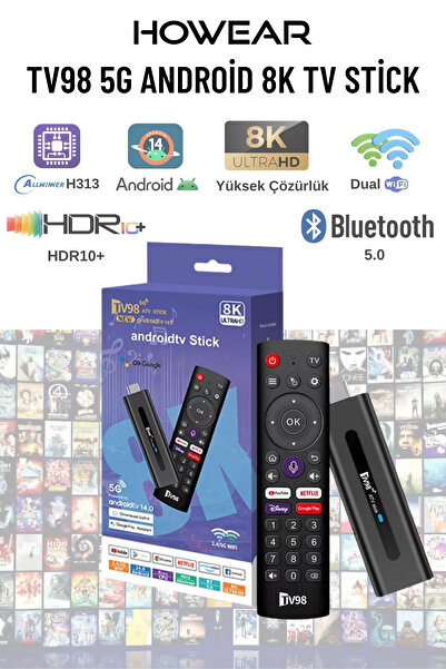 howear TV98 5G Android 8K TV Stick Akıllı TV Dönüştürücü Dual Wifi Bluetooth Destekli TV Stick