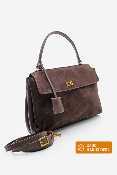 Marjin Women's Genuine Leather Lock Detailed Charm Hand and Shoulder Bag Rinyas Brown Suede