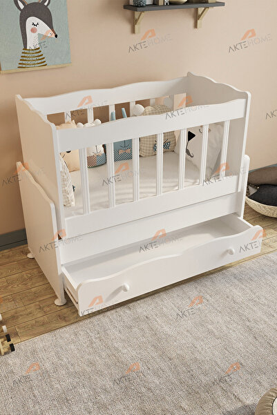 Aktehome Çekmeceli Sallanır Anne Yanı Bebek Beşiği Beyaz