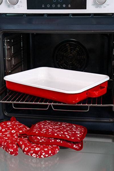 EBUTAY La Vita Rossa Vintage Emaye Kulplu Kırmızı Fırın Tepsisi