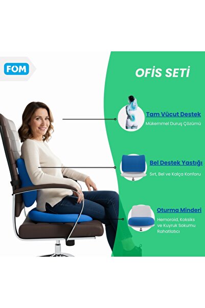 Genel Markalar Smith Ve Bels Visco Anatomik Oturma Simidi Ve Bel Destek Yastık Ofis Seti, Ortopedik, Açık Mavi