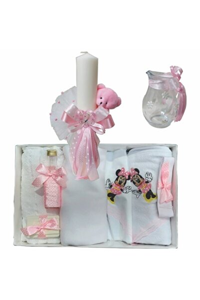 OEM Set Botez Trusou mare 7 piese cu Minnie Bebe, Lumânare lungime 35 cm ornată pe Roz și Cantă 0.5 l