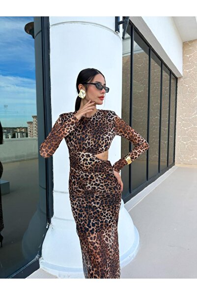 Glysso Özel Tasarım Cut Out Bel Dekolteli Yırtmaçlı Leopar Maxi Tül Elbise