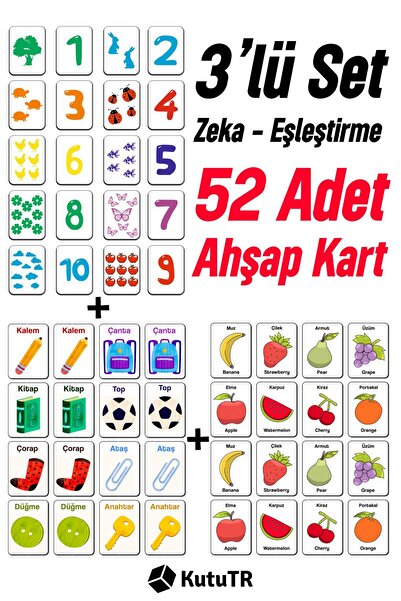 kutuTR 52  Parça Hafıza ve Zeka Kartları Eşleştirme Oyunu Ahşap Eğitici Puzzl...