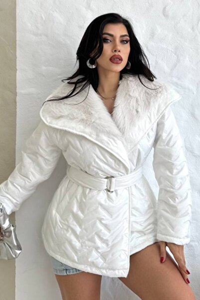 GM Butikk معطف شتوي نسائي مبطن بحزام ياقة معطف نسائي