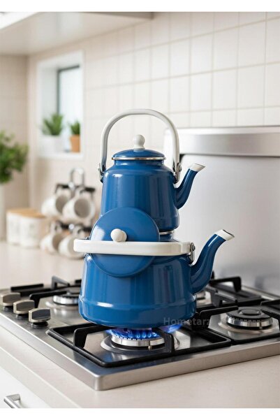 HomeTarz Alev Vintage Emaye Çaydanlık Takımı - Emaye Demlik Takımı - Mega Boy - 2.5 ve 1.0 Litre
