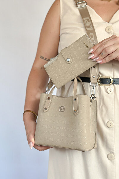 Just Polo Premium Embossed Printed 4 Compartment Women's Hand and Shoulder Bag - 24X24Cm 4095 Jeans