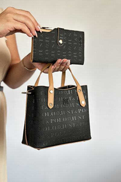 Just Polo Premium Embossed Printed 4 Compartment Women's Hand and Shoulder Bag - 24X24Cm 4095 Jeans