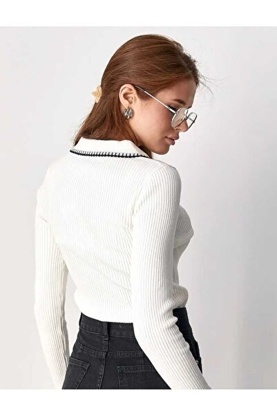 NOTCHTR Women's White Polo Neck Buttoned Knit Sweater
