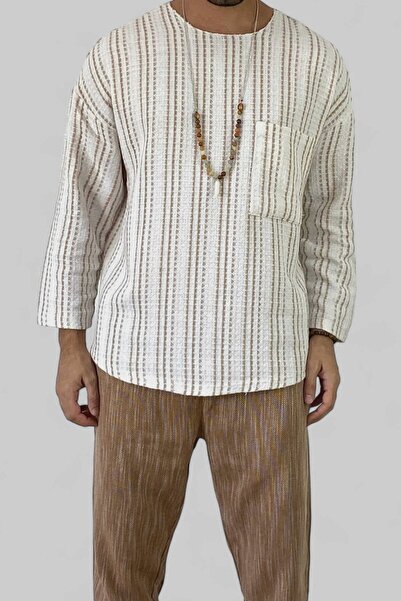 Alışveriş Sokağı Ανδρικό λινό μπλουζάκι - Φαρδύς γιακάς, Oversize, μακρυμάνικο