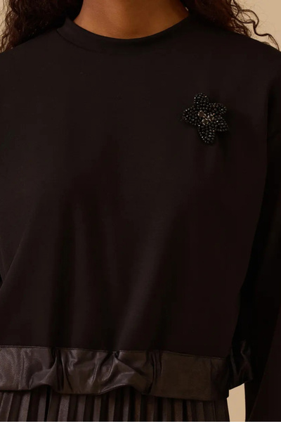 SEÇİL siyah deri piliseli elbise kadın