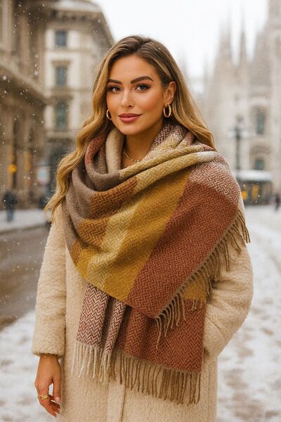 FELLMENS Yumuşak Dokulu Balık Sırtı Desenli Siyah Kalın Omuz Şal Atkı