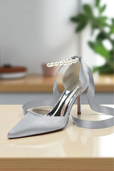 Famels İnci Taşlı Topuklu Ayakkabı İnci Bilekli Gümüş Abiye Ayakkabı Akşam Parti Ayakkabıları