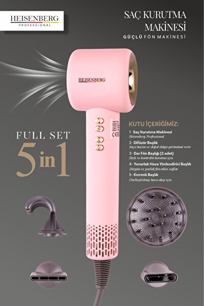 HEISENBERG مجفف شعر احترافي، مجفف شعر قوي، مجموعة كاملة 5 في 1