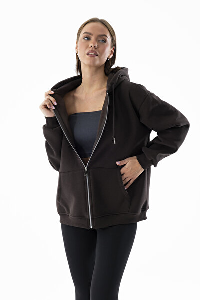 GİYSA Дамска суитшърт с качулка и цип с 3 ленти, кафяв - 9015 - 264401