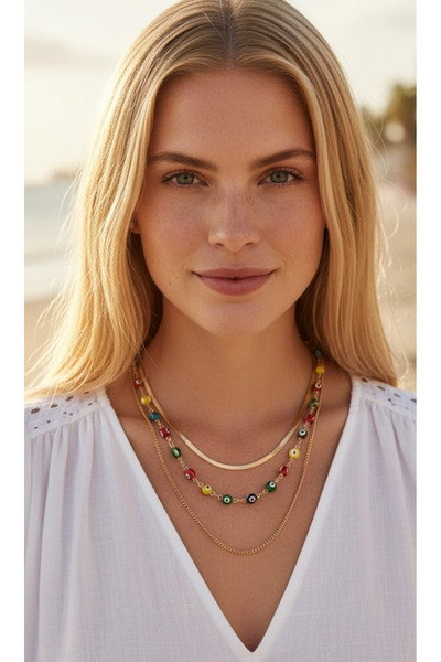 Rednose Nazar Üç sıralı Göz Rose Çelik Kolye modern stil gece günlük abiye za...