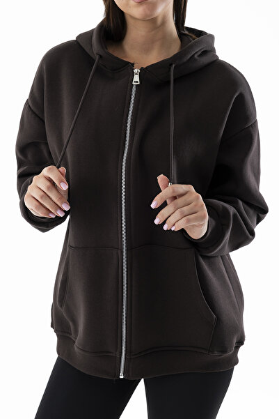 GİYSA Дамска суитшърт с качулка и цип с 3 ленти, кафяв - 9015 - 264401