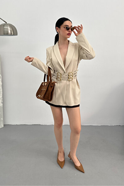 AKD Atelier Γυναικείο μπλέιζερ παλτό Κομψό μπουφάν με διπλό γιακά, με λεπτομέρεια από χρυσή ζώνη