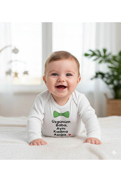 vitmo Özel Tasarım Üzgünüm Baba %100 Doğal Pamuk Organik Baskılı Çıtçıtlı Uzun Kollu Body Zıbın Bebek Bad