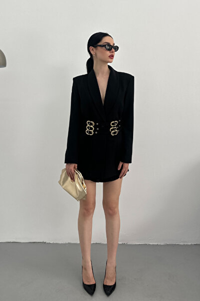 AKD Atelier Kadın Blazer Ceket Şık Kruvaze Yaka Vatkalı Gold Kemer Detaylı Ceket
