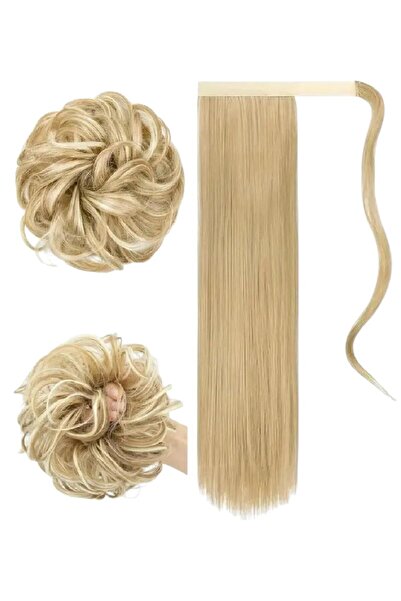 Zeysum İkili Set - Küllü Sarı Renk Düz Bağlamalı At Kuyruğu Saç ve Dağınık Topuz Lastik Tokalı Set 60 Cm