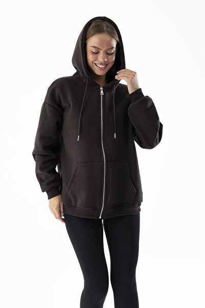 GİYSA Дамска суитшърт с качулка и цип с 3 ленти, кафяв - 9015 - 264401