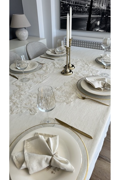 Decamor home Linen Textured Gold Glitter Lace Runner Detailed Tablecloth