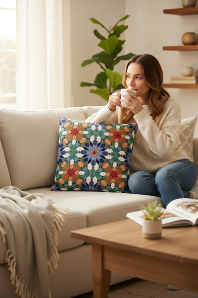 Chintar Jakarlı Goblen Pano Dokuma Yeşil Mandala Dekoratif Kırlent / Yastık K...