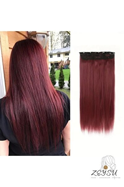 Zeysum Şarap Kızılı Düz Saç Çıtçıtlı Postiş Takma Saç 60 Cm 110gr Isıya Dayanıklı Yarımay