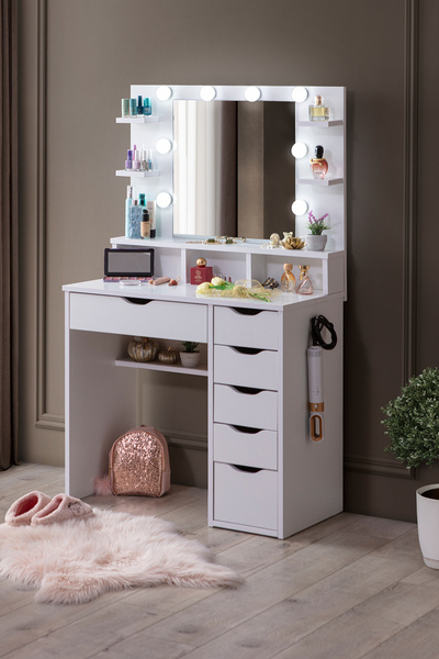 benim odam Diva Hollywood Led Işıklı Aynalı Raflı 6 Çekmeceli Kulis Makyaj Ma...