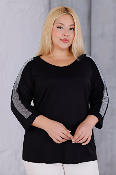 MAG FASHİON Women's Plus Size V-Neck Black Blouse Sleeve Silver Glitter