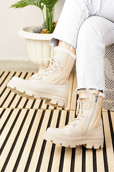 Allyup Günlük Kadın Bej Kar Botu Kürklü Bağcıklı Fermuarlı Rahat Yüksek Kalın...