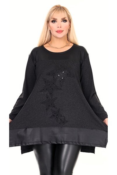 Kheos Leather Skirt Star Stone Embroidered Round Neck Long Sleeve Tunic