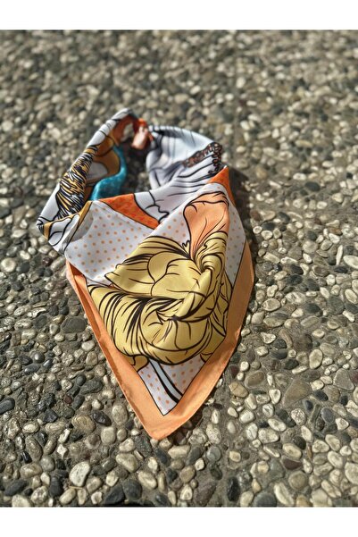 Axesoire 14940 Floral Patterned Orange Satin Bandana Scarf