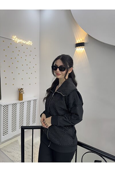 Butik Siyah taşlı büyük v yakalı fermuarlı ceket beli lastikli pantolon ikili...