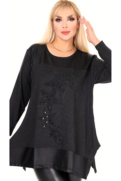 Kheos Leather Skirt Star Stone Embroidered Round Neck Long Sleeve Tunic