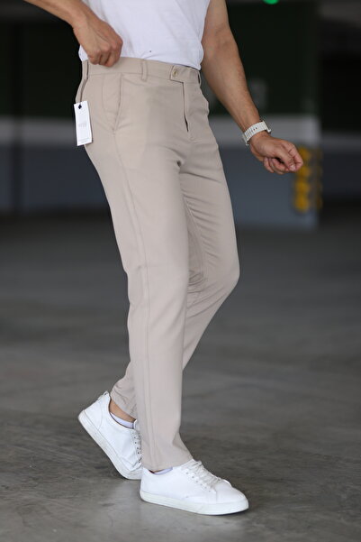 Gussi Erkek Krem Renk Kaliteli Esnek Likralı Slim Fit Kumaş Pantolon