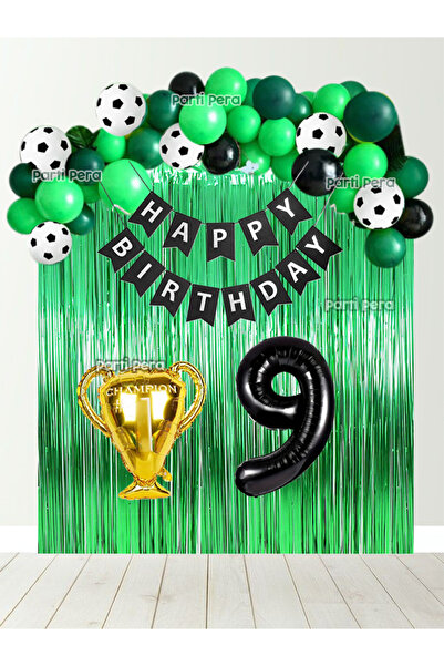 parti pera Futbol Temalı Doğum Günü Balon Seti Yeşil Arka Fon Perde Siyah Rak...