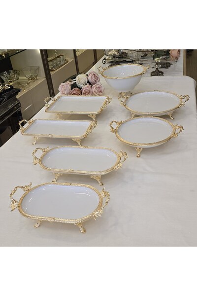 AlyaHomeAksesuar 7 Piece Gold Color Metal Framed Porcelain Serving Plate Set