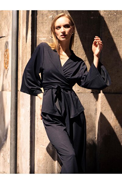 RİVUS Double-Breasted Collar Flowy Blouse with Tie Detail - Navy Blue