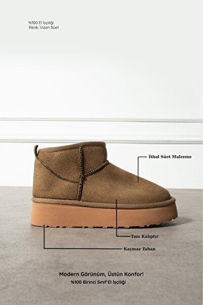 Zintra Kadın Süet Mini Vizon Renk Bot – İç Kürklü, Kalın Tabanlı Bilekte Şık Bot