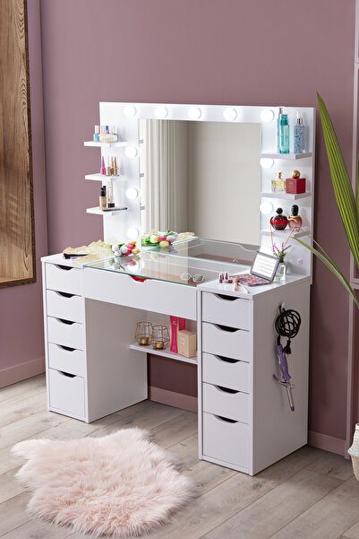 benim odam Diva Takı Düzenleyicili Cam Tablalı Raflı Aynalı Led Işıklı 11 Çekmeceli Kulis Makyaj Masası Beyaz