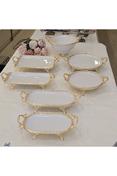 AlyaHomeAksesuar 7 Piece Gold Color Metal Framed Porcelain Serving Plate Set