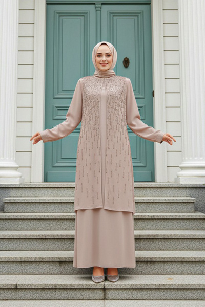 Neva Style Boncuk İşlemeli Bej Tesettür Abaya 29119BEJ