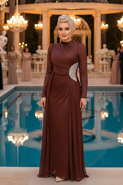 Neva Style - Brown Hijab Evening Dress with Drape Detail 4919Kh