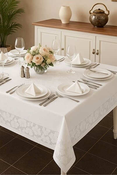 Hevia Home Dertsiz Leke Tutmaz Dantel Desenli Masa Örtüsü 160x220  Beyaz