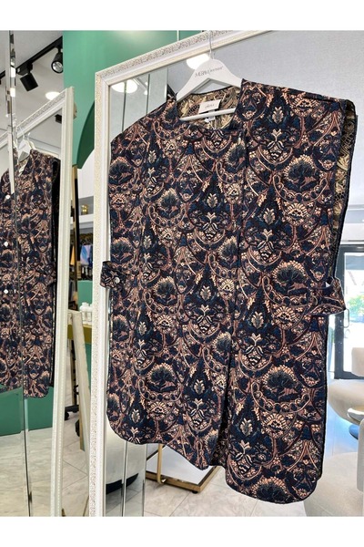 MERAM BUTİK Ekru Vest Ethnic Pattern - Navy Blue - L