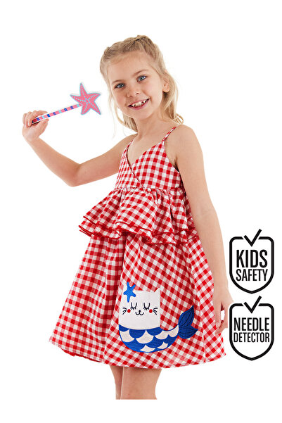 Denokids Kedi Kız Çocuk Kırmızı Ekose Fırfırlı Askılı Elbise