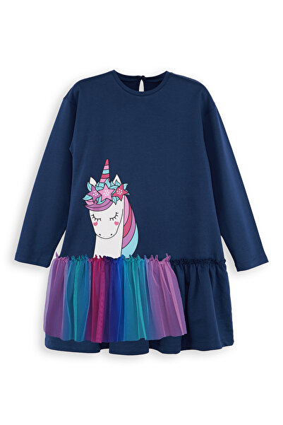 Denokids Tüllü Unicorn Kız Çocuk Lacivert Elbise