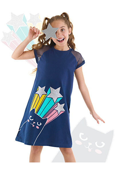 MSHB&G Navy Blue Glitter Cat Girl's Summer Dress - Detailed Sleeves